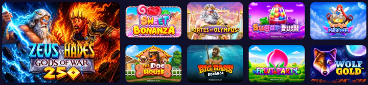 CazzyGames popular slot games featuring Zeus vs Hades, Sweet Bonanza, Gates of Olympus and Sugar Rush
