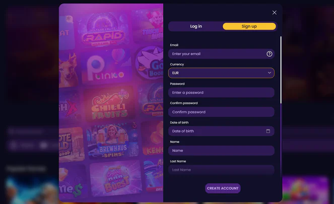 CazzyGames sign up form with email, currency, password, date of birth and account details fields
